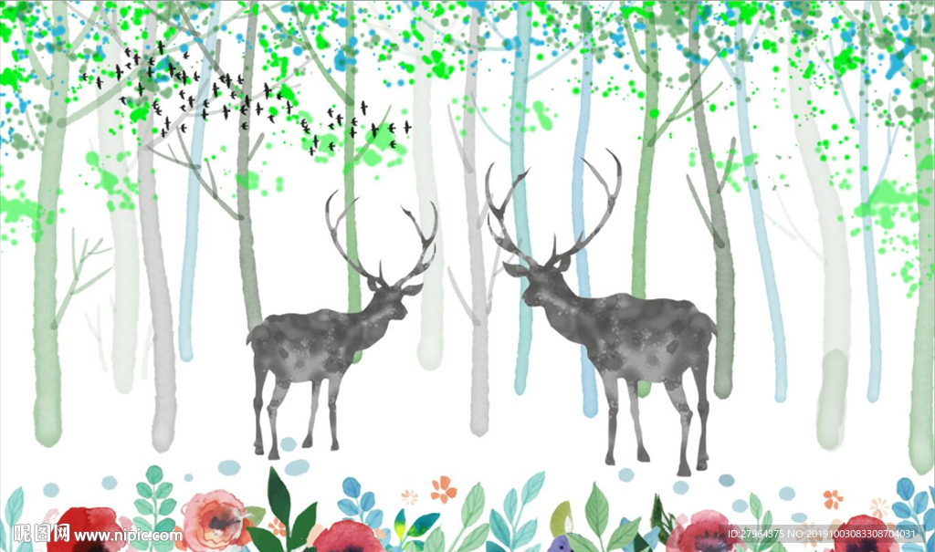 北欧手绘抽象麋鹿森林背景墙