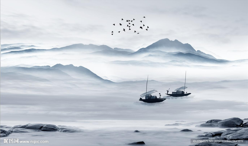 新中式禅意山水背景墙高山流水
