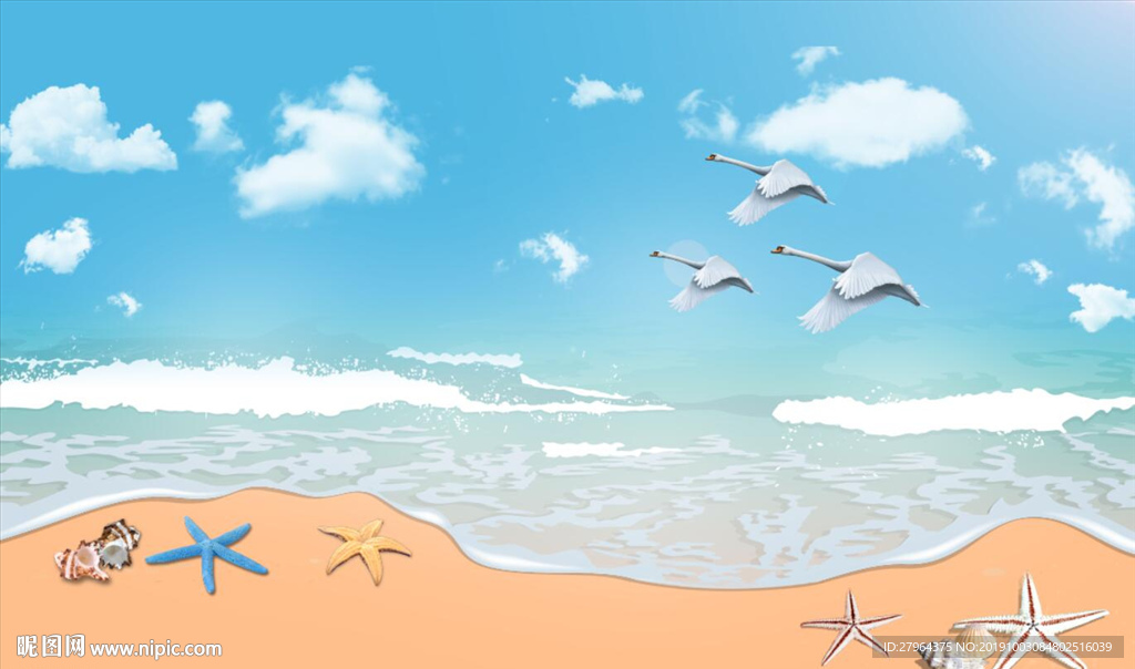 海洋蓝天白云仙鹤电视背景墙