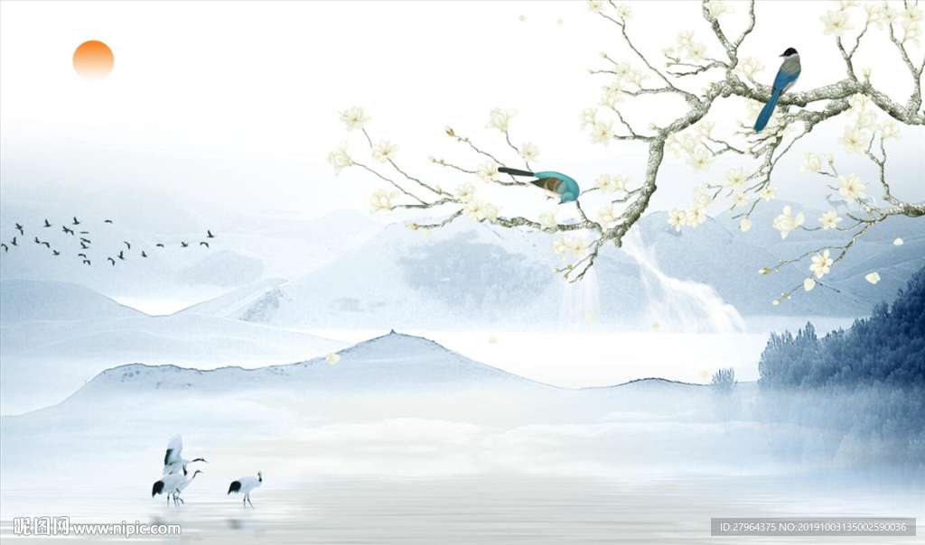 中式意境山水花鸟电视背景墙