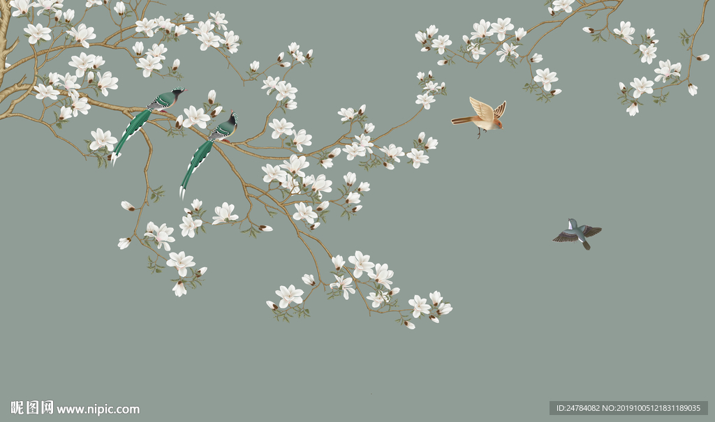 玉兰花鸟背景墙