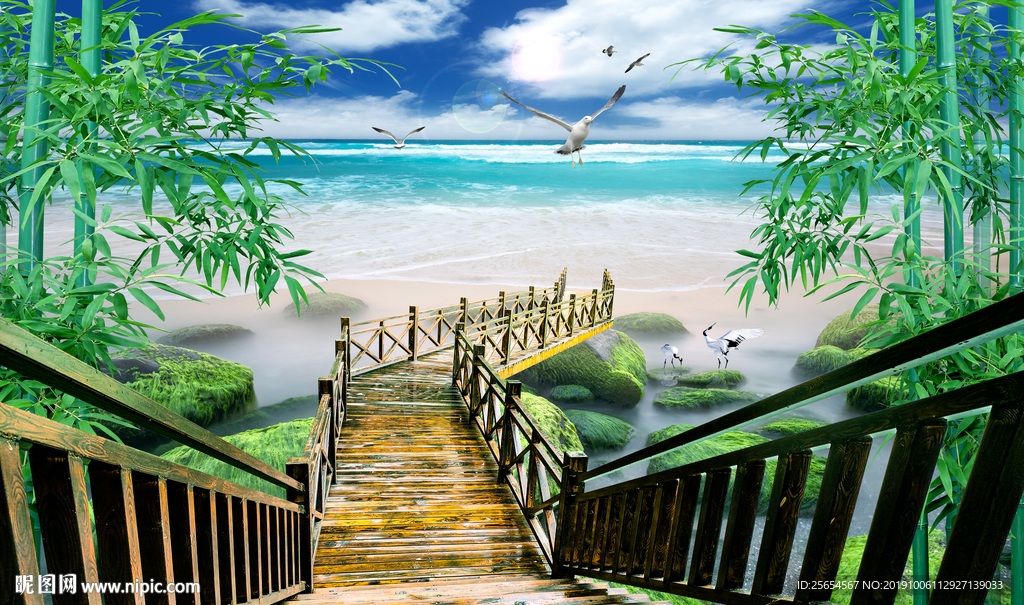 3D海景独木桥背景墙