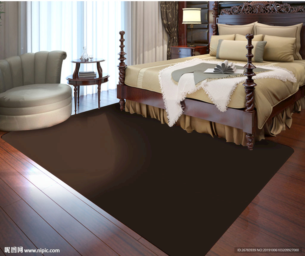 中式卧室床边长方形地毯样机