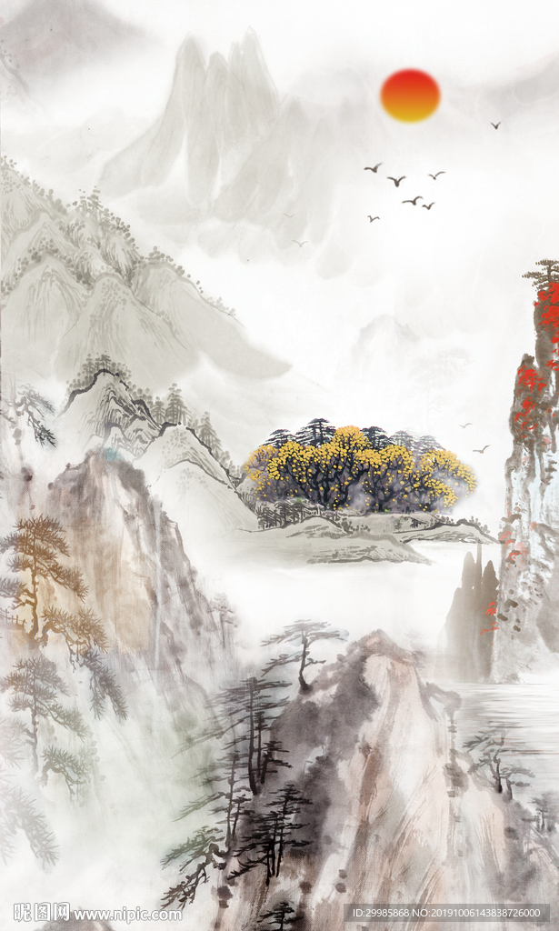 复古山水玄关画 TIF分层画