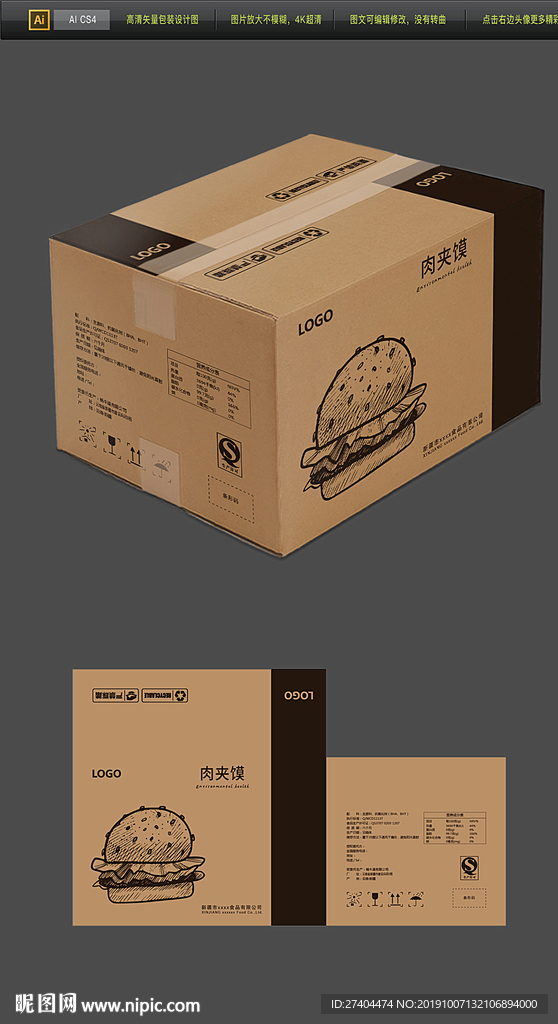 高档披萨汉堡牛皮纸箱包装平面图设计图