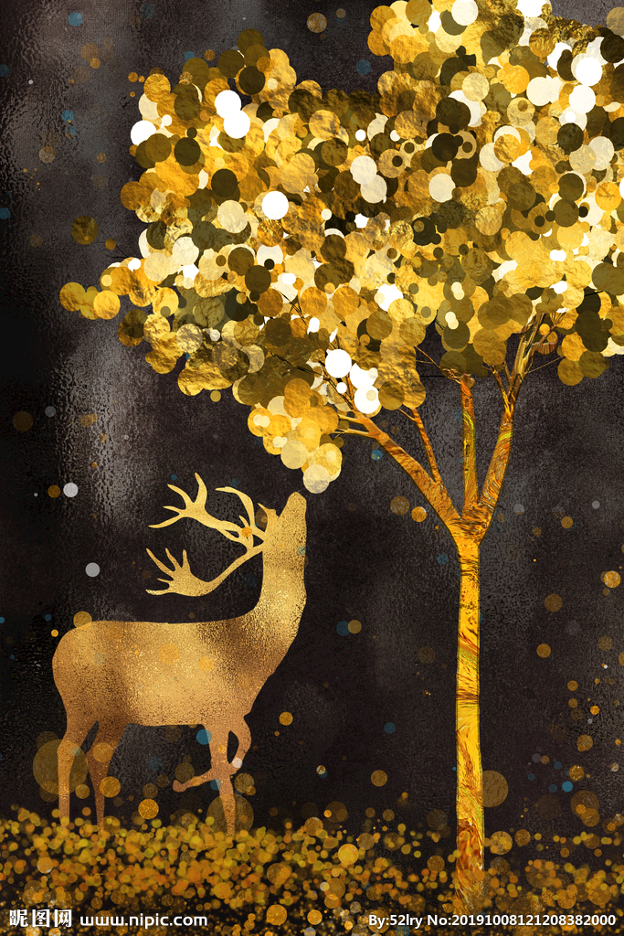 新中式金色发财树麋鹿晶瓷画