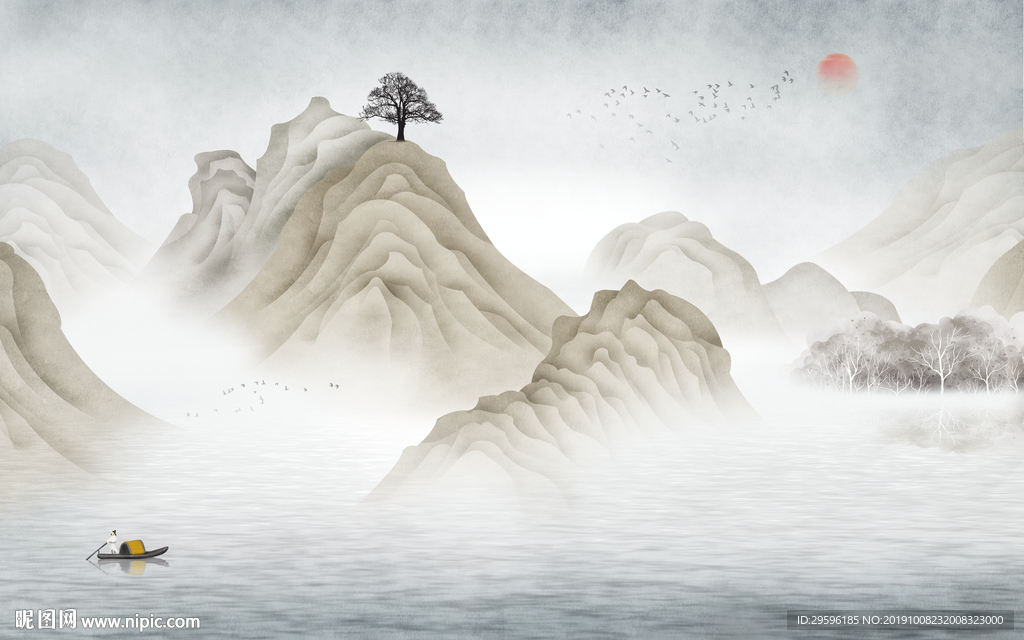 新中式山水背景墙 TIF分层