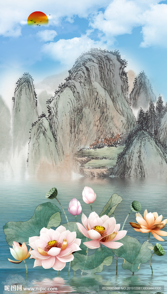 荷花 禅意山水画 TIF分层