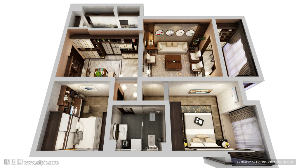 新中式风家居装修户型效果图