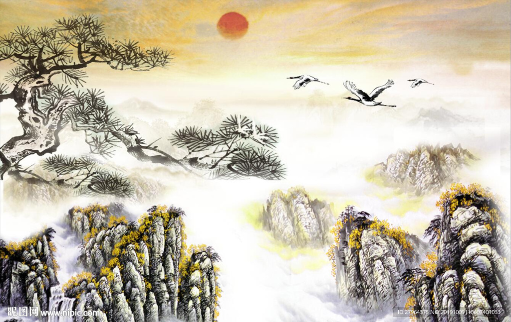 中式山水仙鹤背景墙