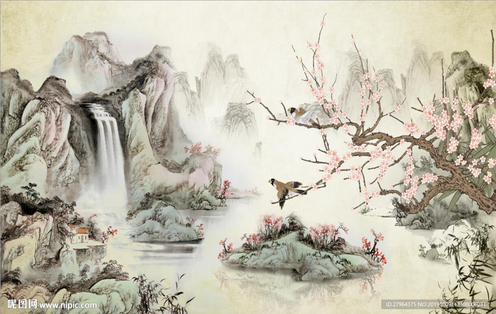 山水花鸟图背景墙