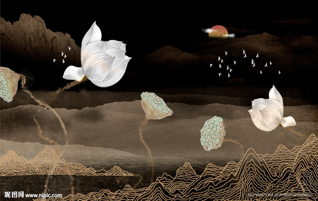 禅意荷花电视背景墙