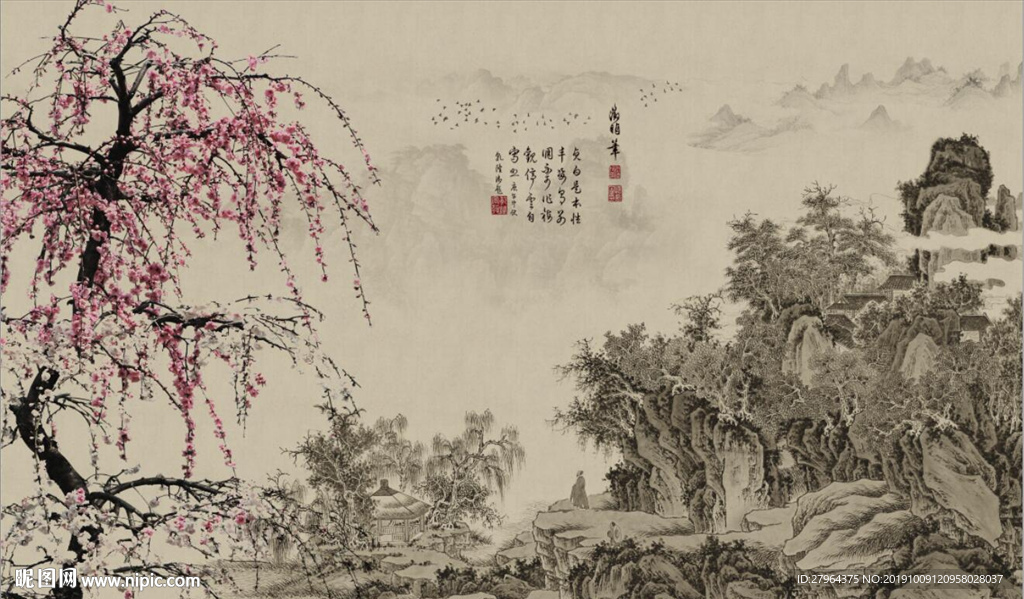 中式水墨画梅花山水背景墙