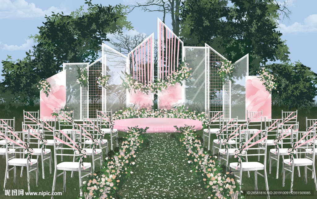 粉色户外婚礼舞台效果图