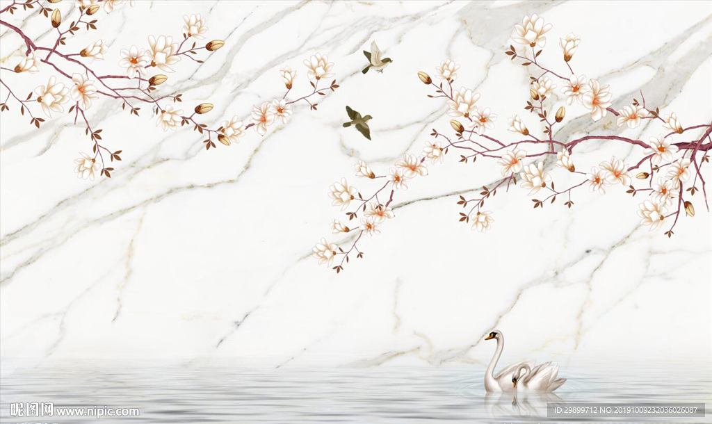 花鸟天鹅石纹背景墙