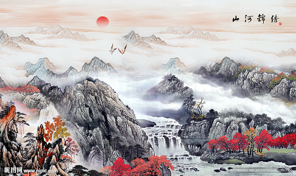 满山红国画电视背景墙