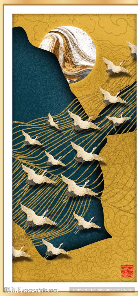 新中式仙鹤山川风景装饰画