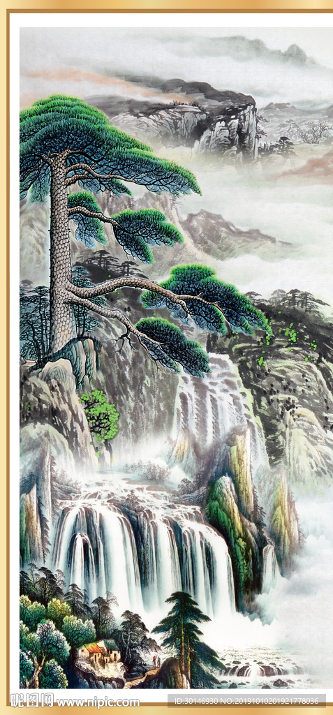 中式手绘山水画松树玄关装饰画