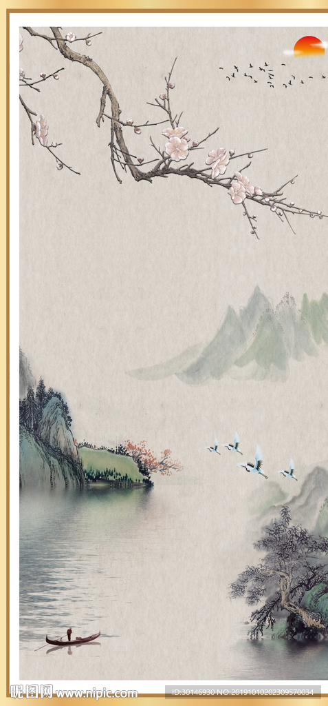 中式古风山水情花鸟玄关画