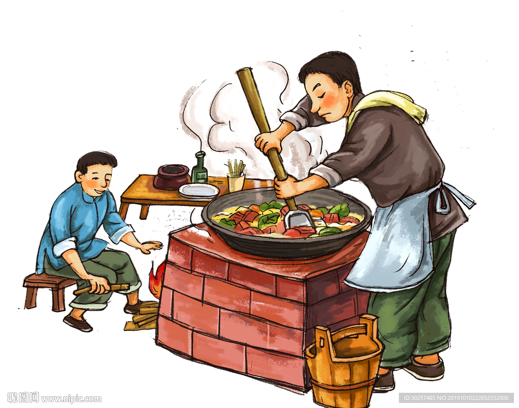 炒菜 烧锅 传统插画