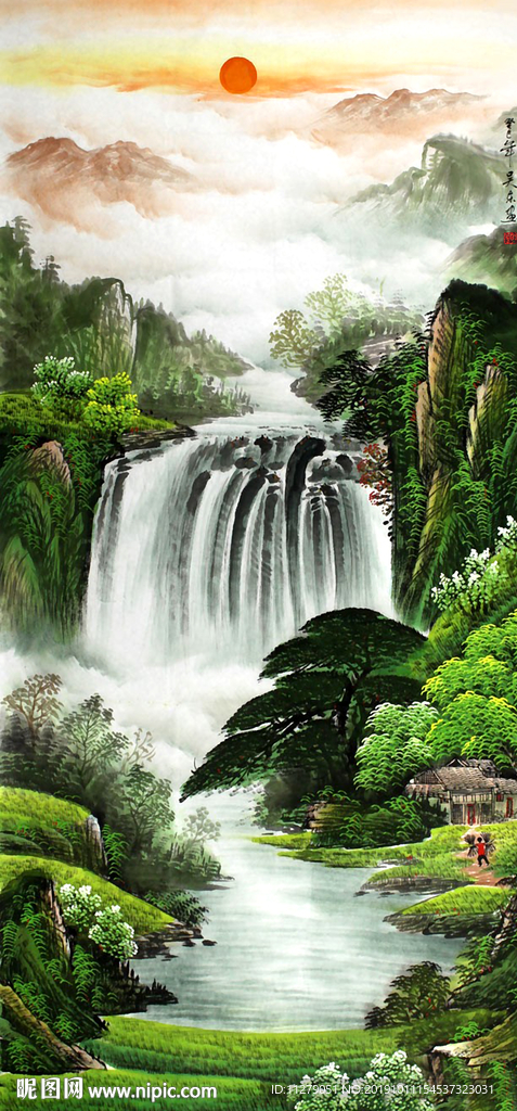 流水生财聚宝盆招财山水装饰画