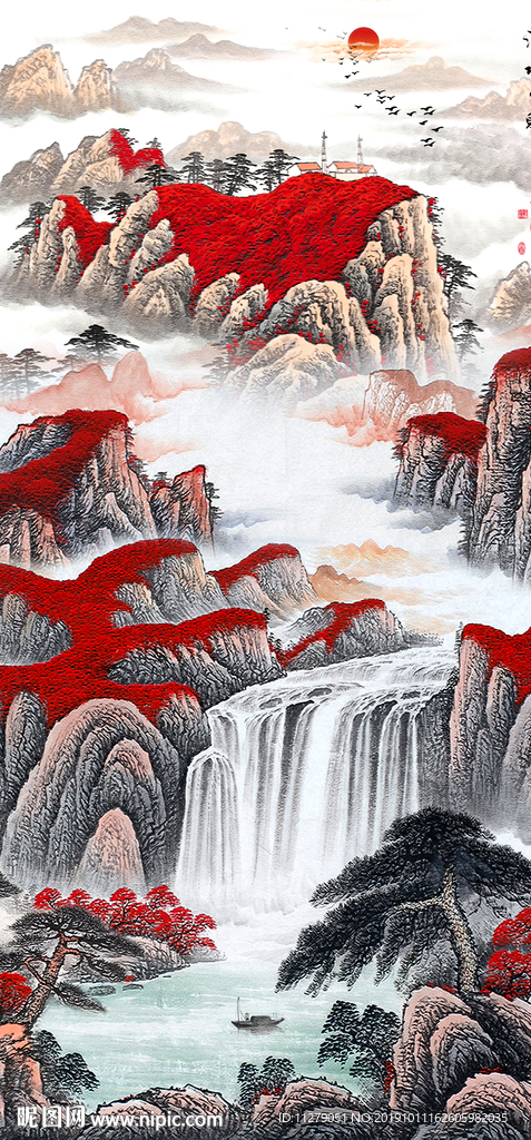 流水生财山水画