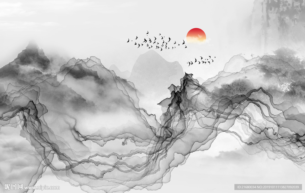 新中式抽象线条水墨山水背景墙