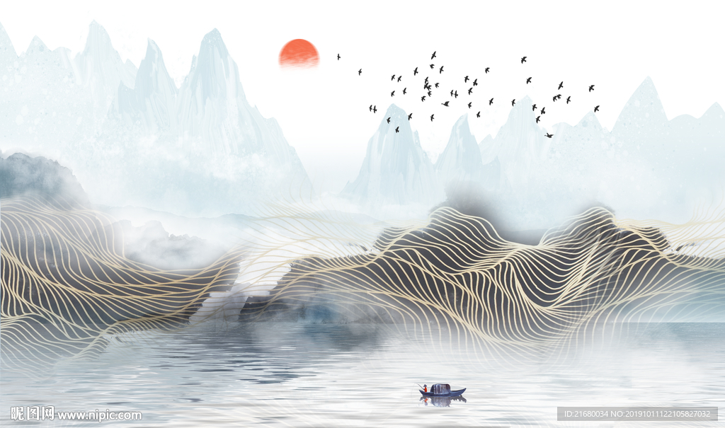 新中式山水水墨抽象线条背景墙