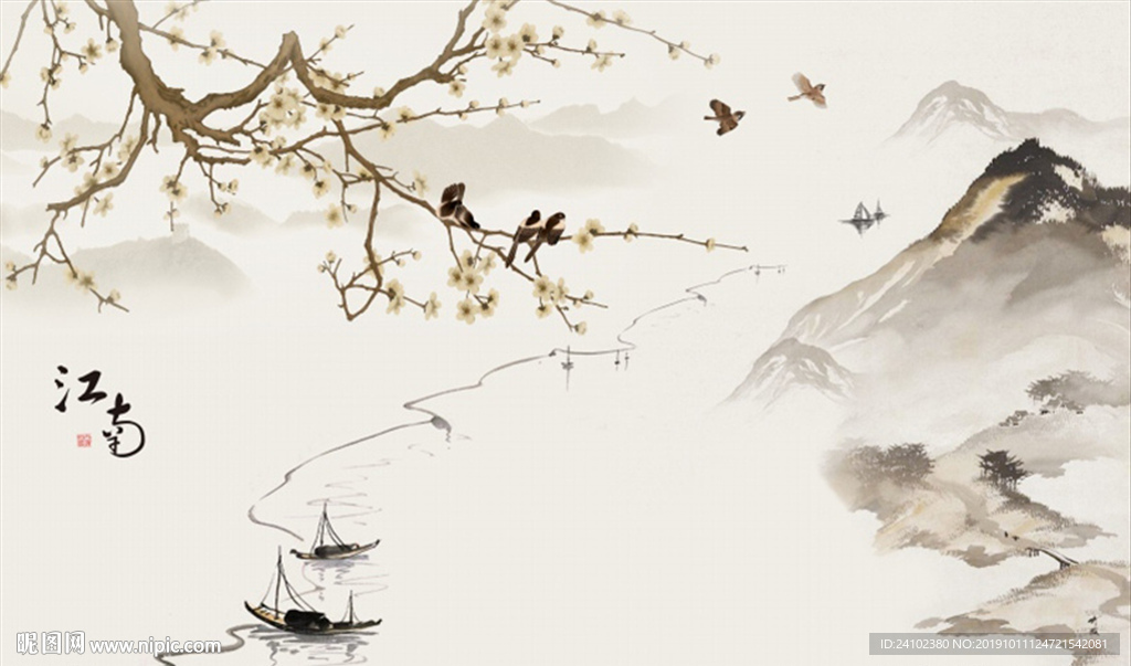 新中式江南水乡水墨山水花鸟背景