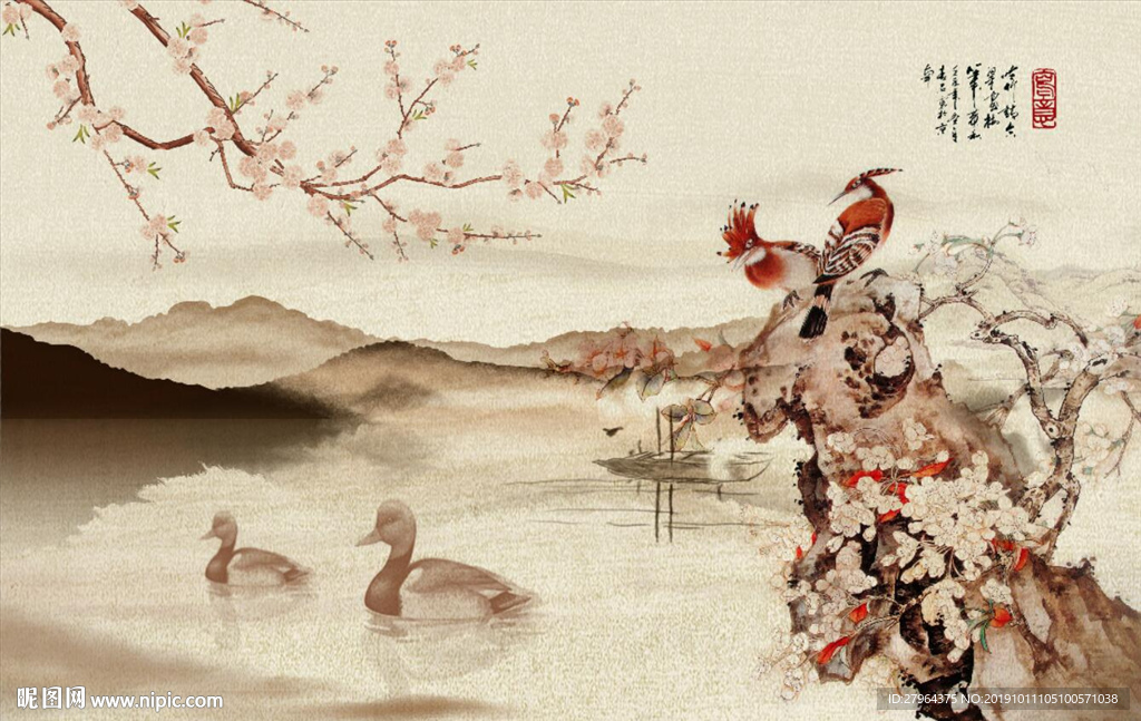 春景山水电视背景墙