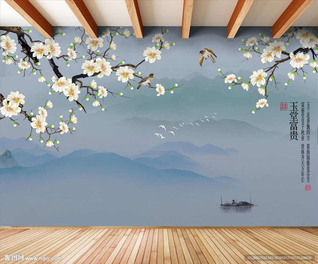 原创手绘玉兰花鸟装饰画背景墙