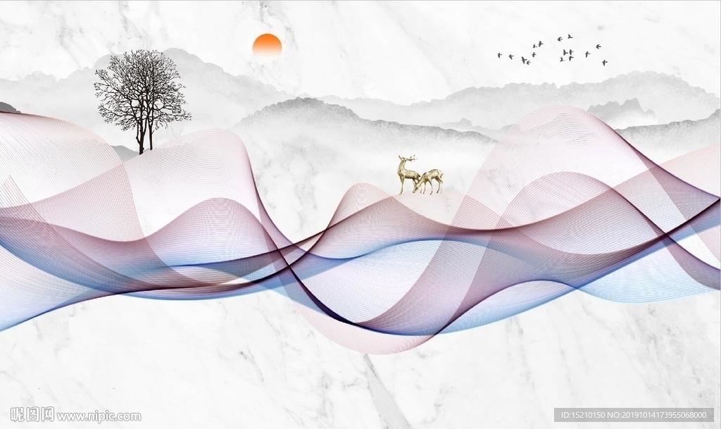 水墨山水抽象树电视背景墙