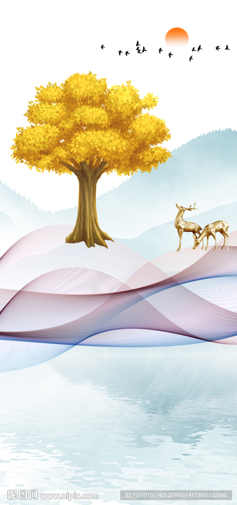 发财树线条玄关背景墙