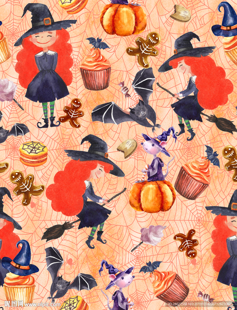 手绘万圣节女巫南瓜灯万圣节糖果