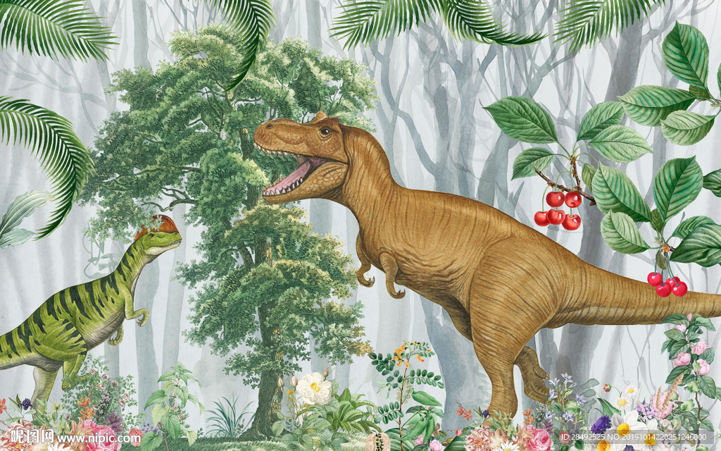 手绘侏罗纪恐龙背景墙
