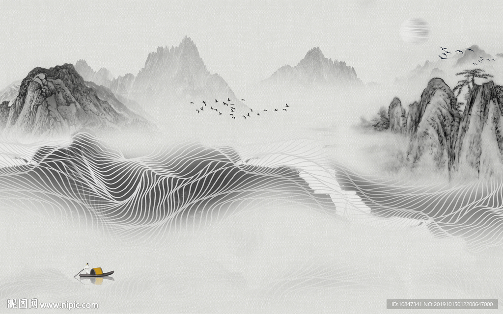 中国风灰色山水画 TIF分层画