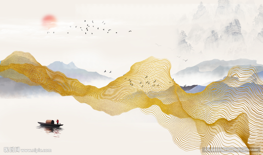 新中式抽象线条金色山水背景墙