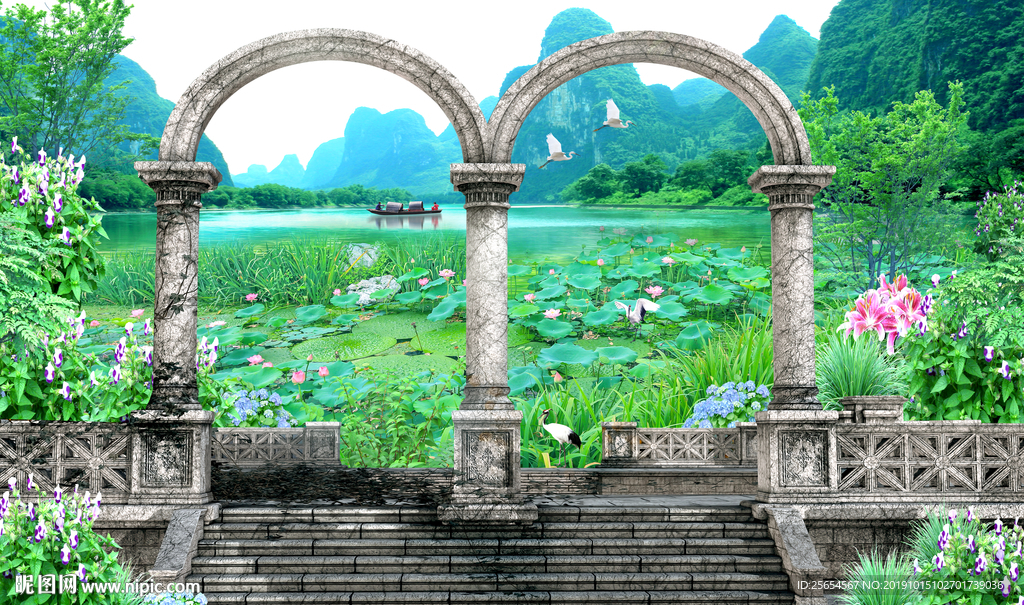 流水荷花池背景墙