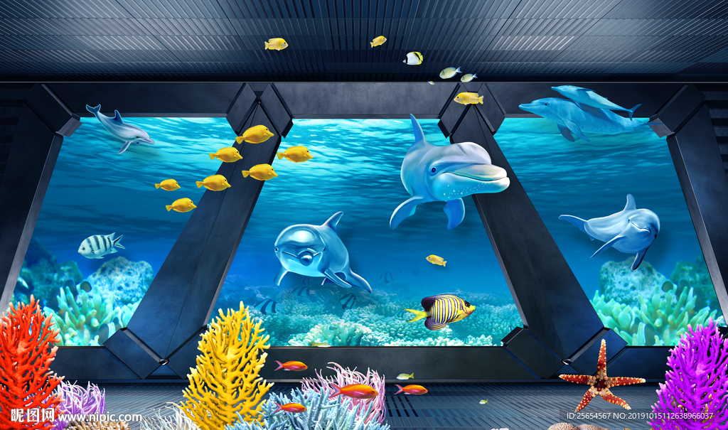 3d海豚海底背景墙