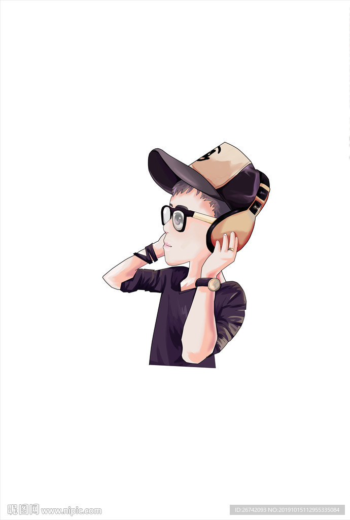 原创Q版带帽带耳机男生