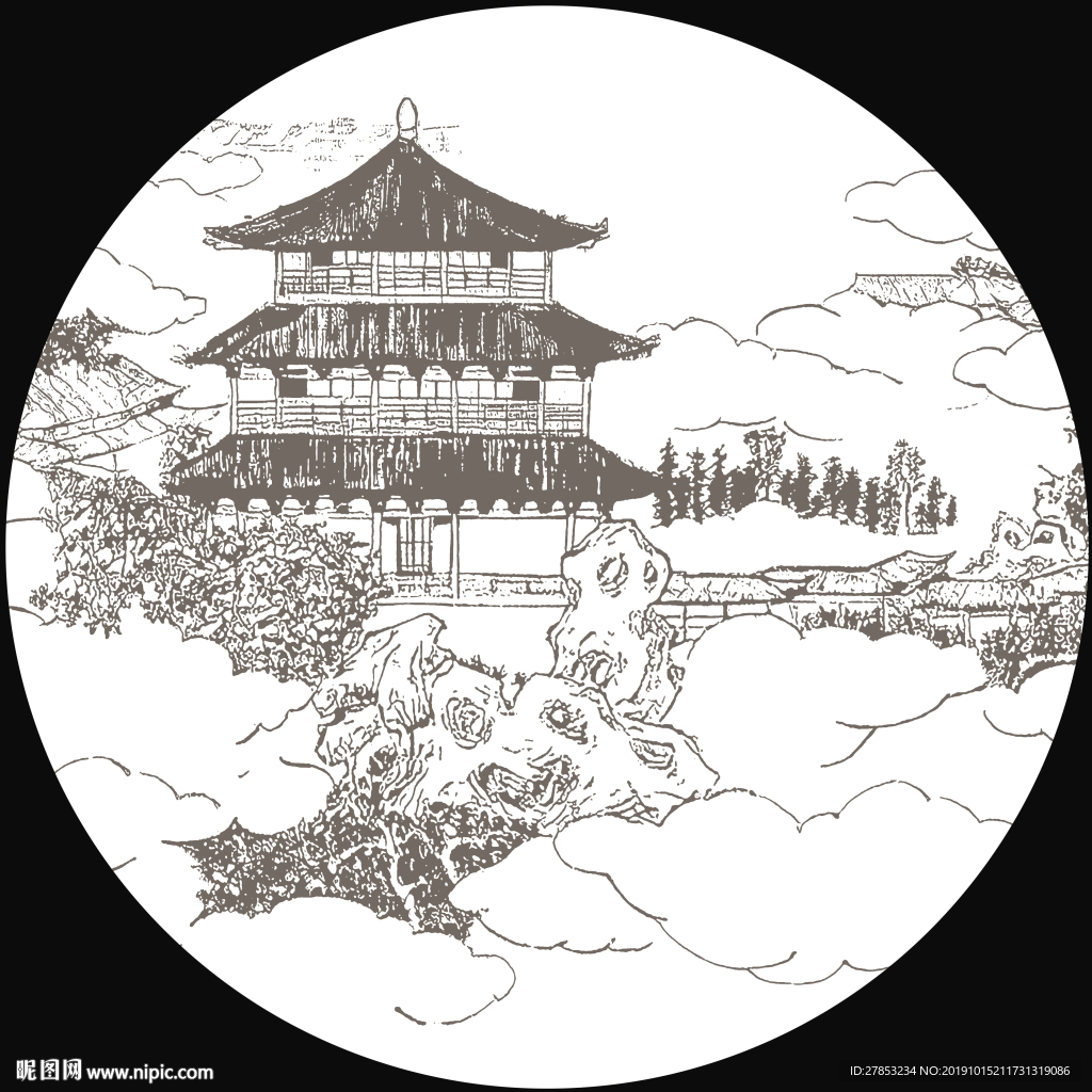 新中式圆形装饰画楼阁阁楼建筑