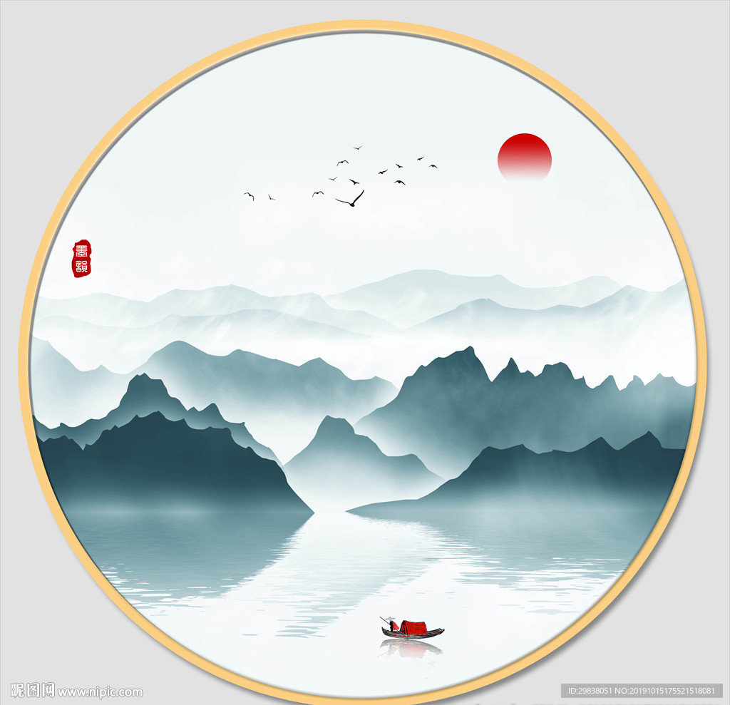山水圆形装饰画