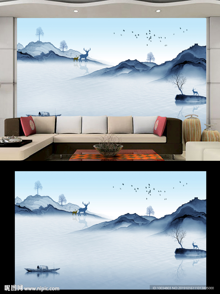 山水麋鹿背景墙