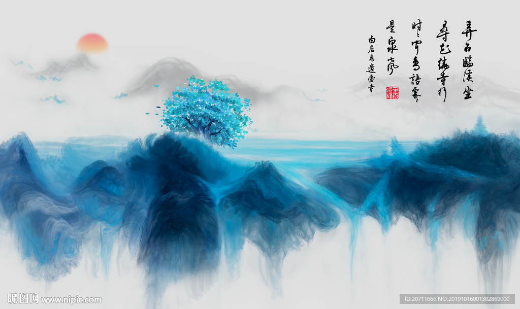 禅意蓝色山水画