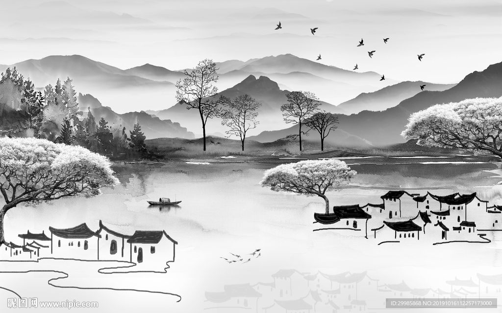 意境灰色山水画 TIF分层