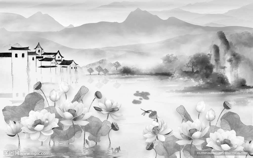 奢华灰色山水画 TIF分层