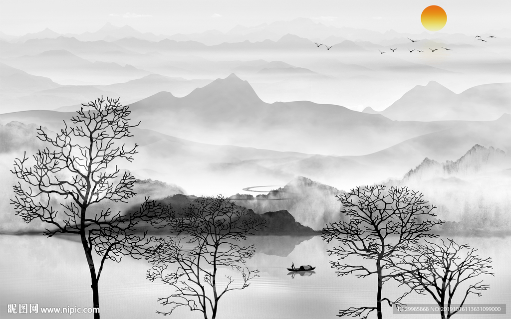 现代灰色山水画 TIF分层