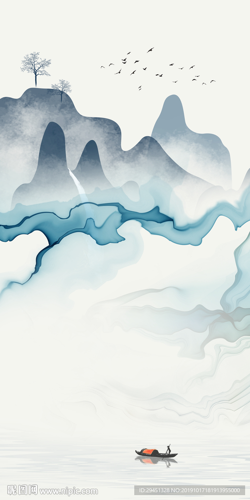 手绘山水装饰画 TIF分层