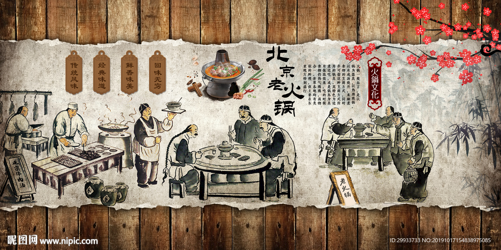 老北京火锅背景墙装饰画