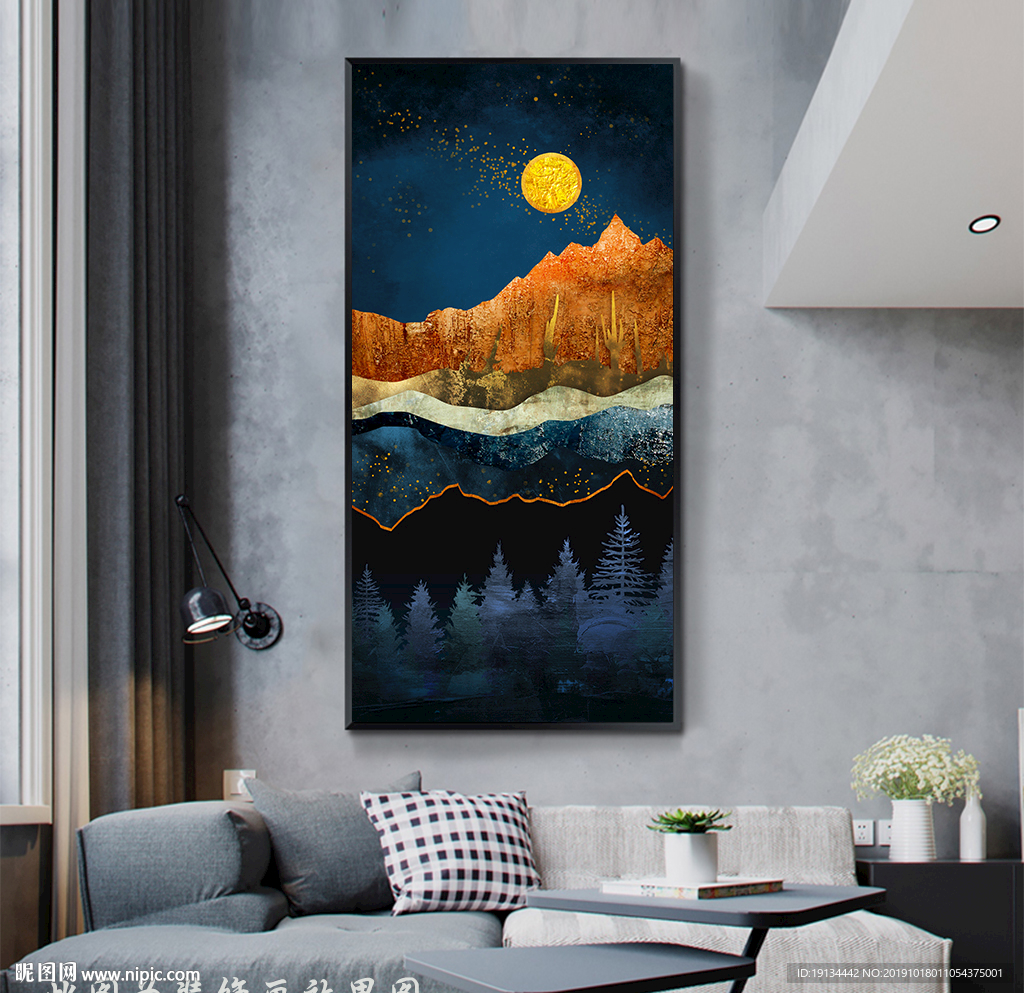 金色月光北欧森林风景油画